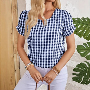 Women's Gingham Check Top with Notched Square Neckline and Puff Sleeves