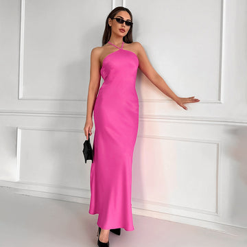 Women's Halter Neck Satin Maxi Dress with Cross Straps