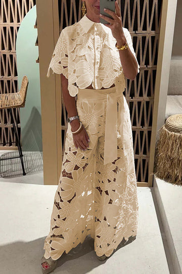 Women's Elegant Lace 2 Piece Set - Cape Overlay Crop Top and Wide-Leg Trousers