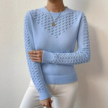 Women's Long Sleeve Crew Neck Pointelle Knit Jumper with Puff Shoulders