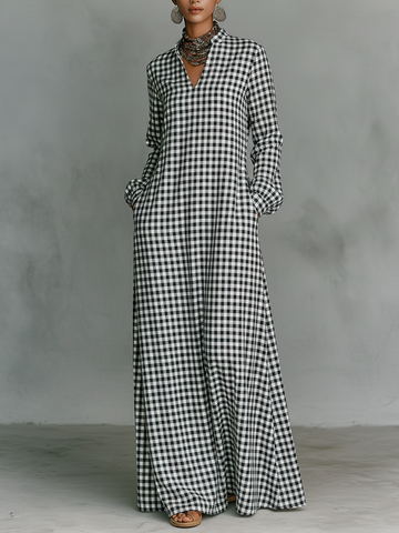 Women's Checked Maxi Dress V-Neck