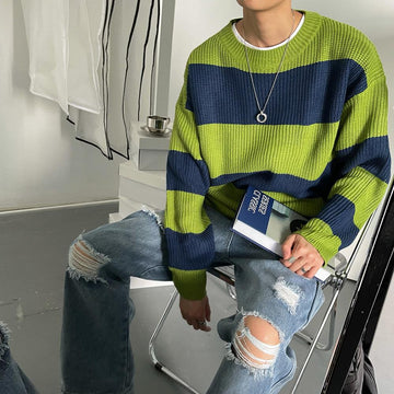 Men's Long Sleeve Crew Neck Colour Block Striped Knit Jumper