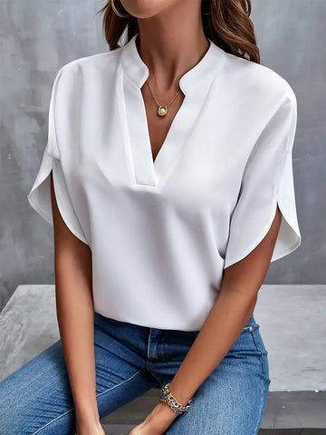 Women's V-Neck Blouse - Flutter Sleeves - Collar Detail - Relaxed