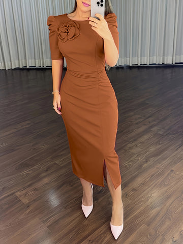 Women's Tailored Brown Midi Dress - Puff Sleeve Ruched Bodycon