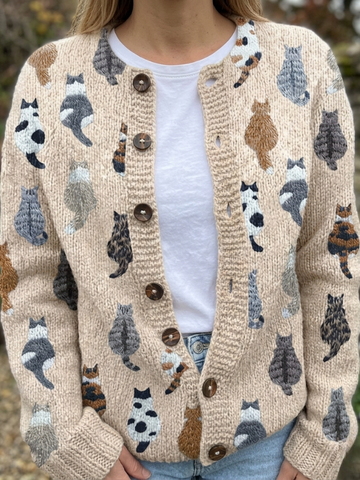 Women's Cat Print Cardigan Button-Front