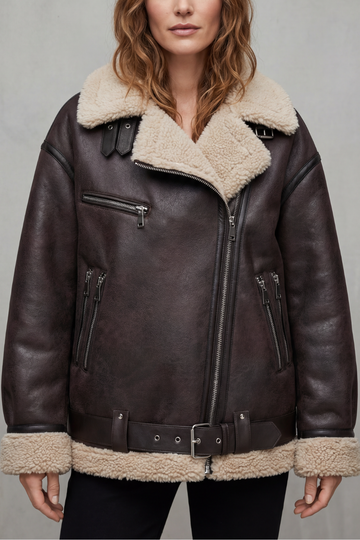 Women's Faux Leather Aviator Jacket Shearling Trim