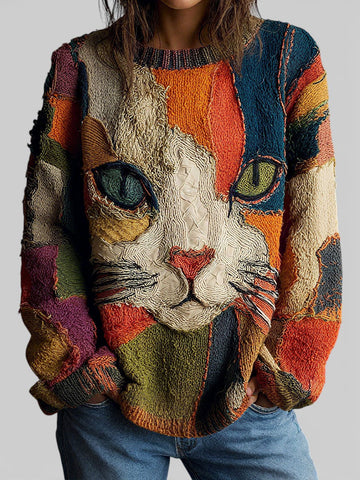 Women's Patchwork Sweater Cat Appliqué