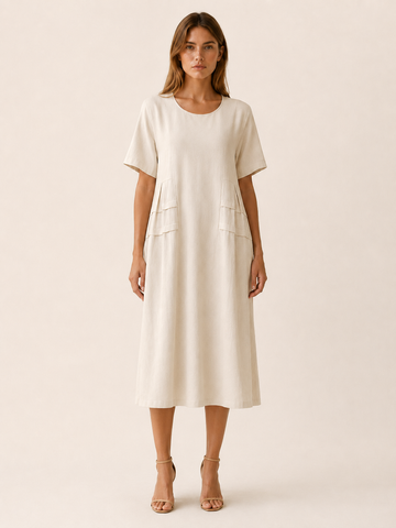 Women's Linen Midi Dress Tiered Pockets