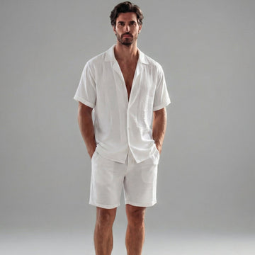 Men's Ribbed Two-Piece Co-ord Set - Short Sleeve Shirt - Shorts