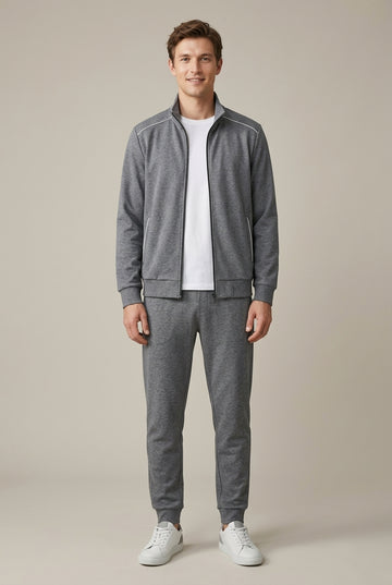 Men's Two-Piece Track Jacket and Jogger Set with Stand Collar
