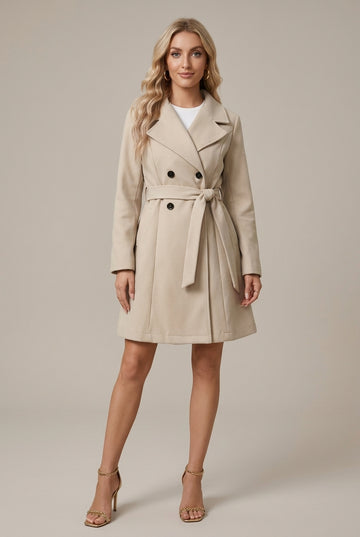 Women’s Belted Double-Breasted Coat - Notched Lapel A-Line Knee Length