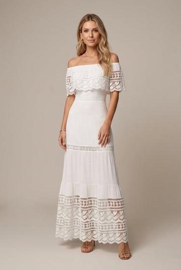 Women's Off Shoulder Wedding Lace Tiered Maxi Dress - Short Sleeve