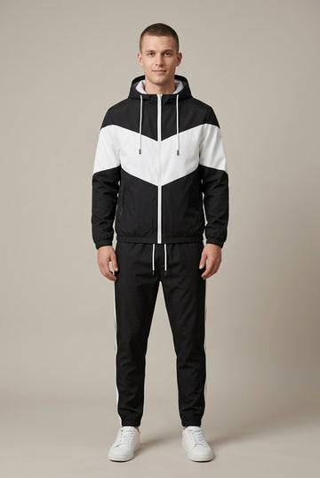Men's Two Piece Hooded Track Jacket and Jogger Set with Contrast Panels