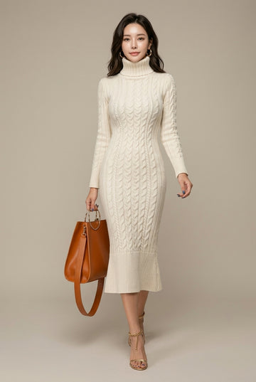 Women's Cable Knit Turtleneck Midi Dress with Long Sleeves