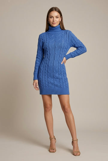 Women's Polo Neck Cable Knit Long Sleeve Mini Dress with Ribbed Cuffs