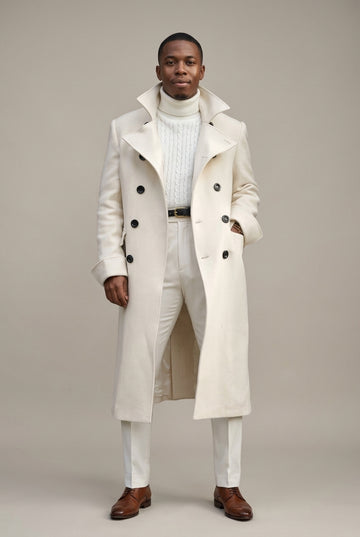 Men’s Double-Breasted Longline Wool Blend Overcoat with Wide Lapels