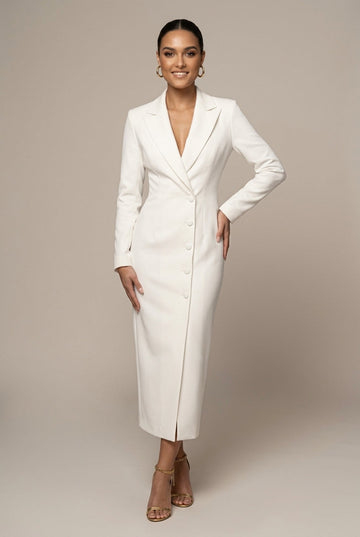 Women's Single-Breasted Blazer Midi Dress with Notch Lapel