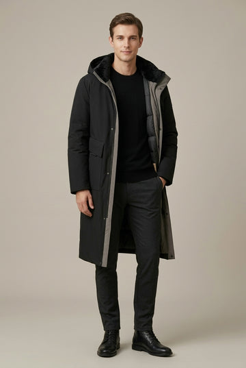 Men's Longline Hooded Padded Winter Coat with Storm Flap and Front Pockets