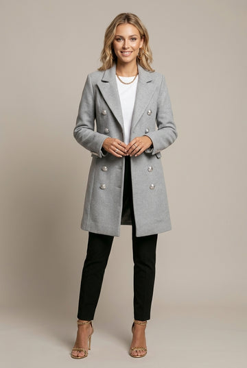 Women’s Double-Breasted Wool Blend Coat with Wide Lapels and Button Cuffs
