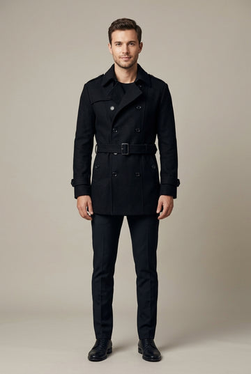 Men's Double Breasted Wool Blend Coat with Epaulettes