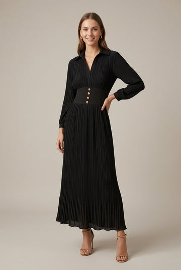 Women's Pleated V-Neck Long Sleeve Maxi Dress with Button Waist
