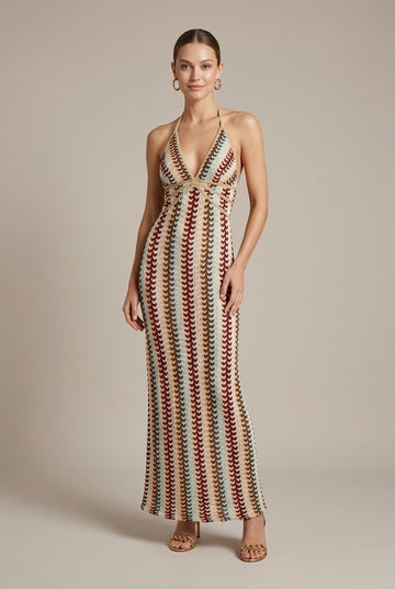 Women's Scalloped Stripe Halter Maxi Dress