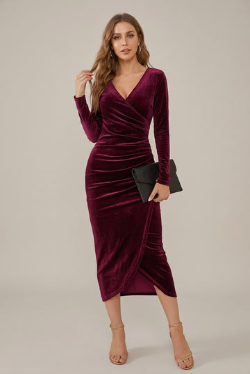 Women's Velvet Wrap V-Neck Sheath Midi Dress with Ruched Waist
