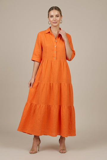 Women's Tiered Linen Maxi Dress with Collared Button Front