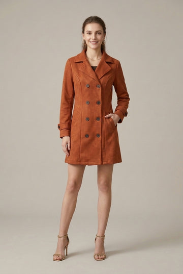 Women’s Double-Breasted Fitted Coat - Notched Lapel Flared Hem Cuff Tabs