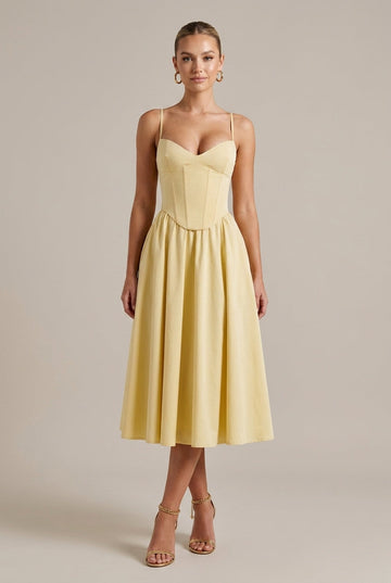 Women's A-Line Midi Dress - Corset Bodice with Sweetheart Neckline
