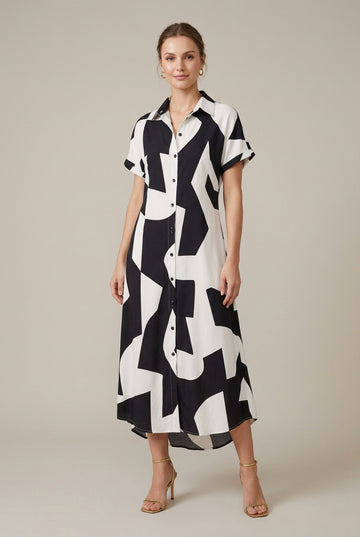 Women's Maxi Shirt Dress with Cuffed Sleeves and Side Slits