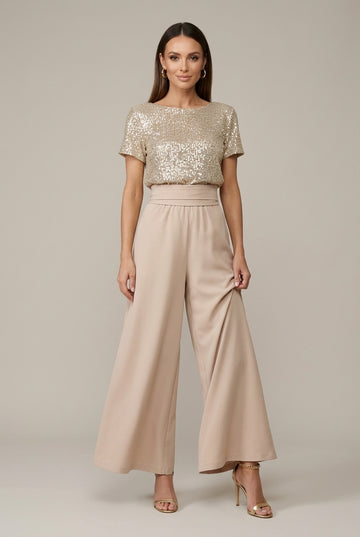 Women's Sequin Wide Leg Jumpsuit with Short Sleeves and Tie Belt