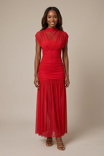 Women's Mesh Drop Waist Maxi Dress - Ruched - High Neck