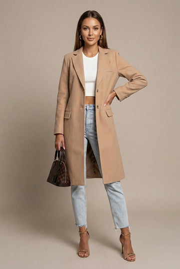 Women’s Single-Breasted Wool Blend Coat with Notch Lapels and Flap Pockets