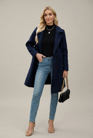 Women’s Double-Breasted Coat - Notched Lapel Patch Pockets Knee Length
