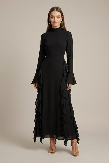 Women's High Neck Long Sleeve Ruffle Bodycon Dress