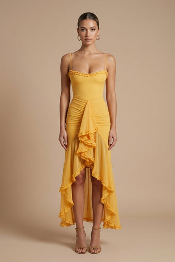 Women's Ruched Spaghetti Strap Maxi Dress - Ruffle Trim Detail