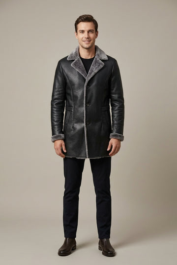 Men's Leather Overcoat Shearling-Lined