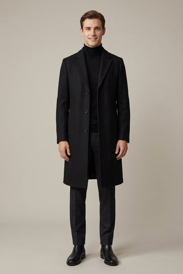 Men’s Knee Length Single-Breasted Wool Blend Overcoat with Notch Lapels