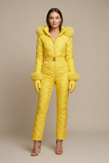 Women's Quilted Ski Suit Jumpsuit with Belted Waist and Faux Fur Trim