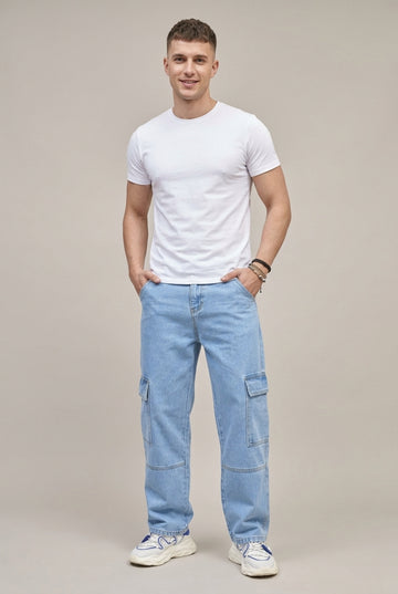Men's Denim Wide Leg Cargo Pants