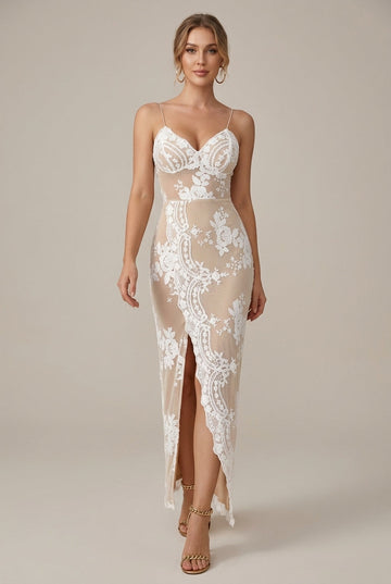 Women's Pearl Embellished Cross-Back Bodycon Evening Dress