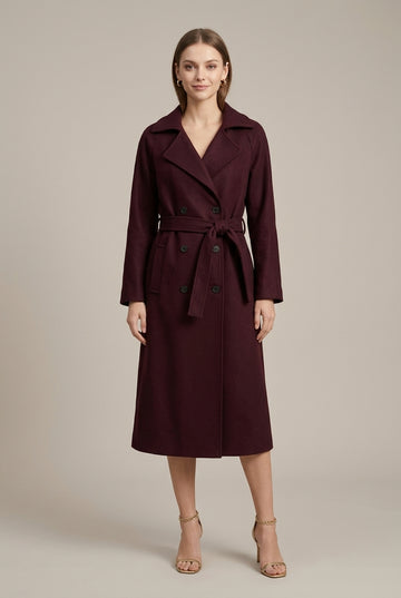 Women’s Burgundy Double-Breasted Belted Trench Coat