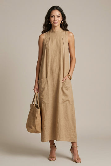Women's Sleeveless Linen Maxi Dress with Patch Pockets