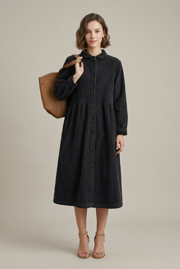 Women's Corduroy Longline Coat with Stand Collar and Button Front