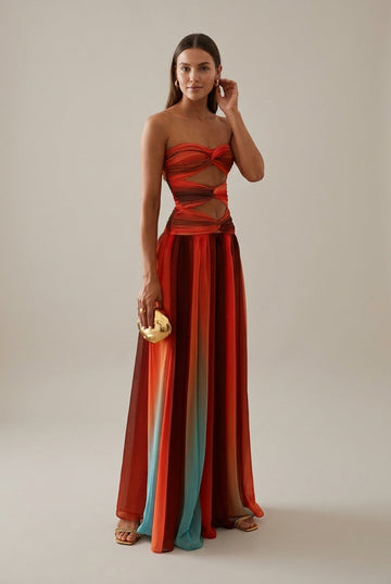 Women's Strapless Cutout Waist Maxi Dress - Bandeau Gradient Stripe