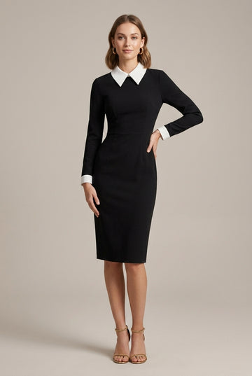 Women's Bodycon Midi Dress Contrast Collar