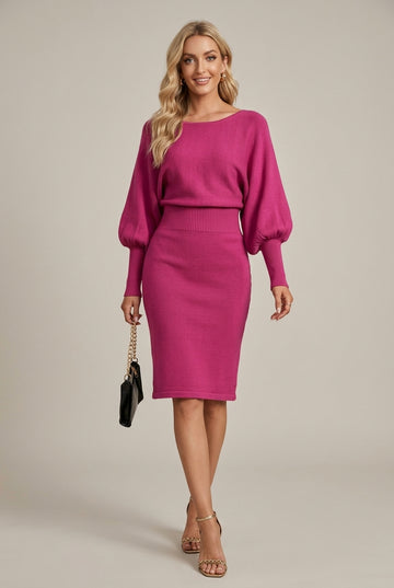 Women's Knit Midi Dress with Round Neckline and Ribbed Cuffs