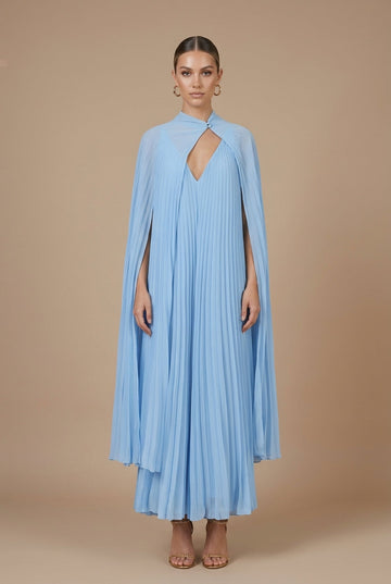 Women's Pleated Maxi Dress with Attached Cape - V-Neck Formal