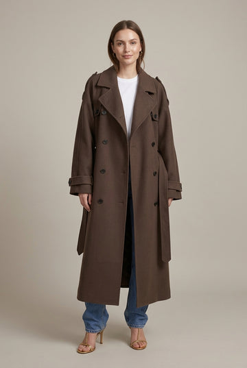 Women’s Oversized Double-Breasted Trench Coat - Belted Longline Fit